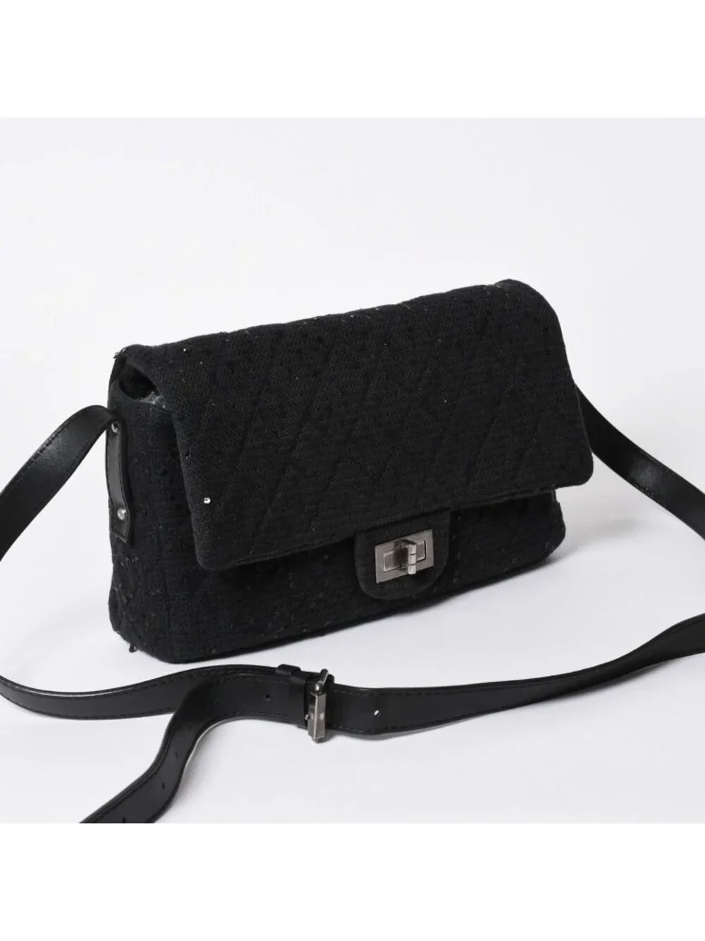 Chanel 2.55 Shoulder Bag CC Logo Sequins Canvas Leather Black